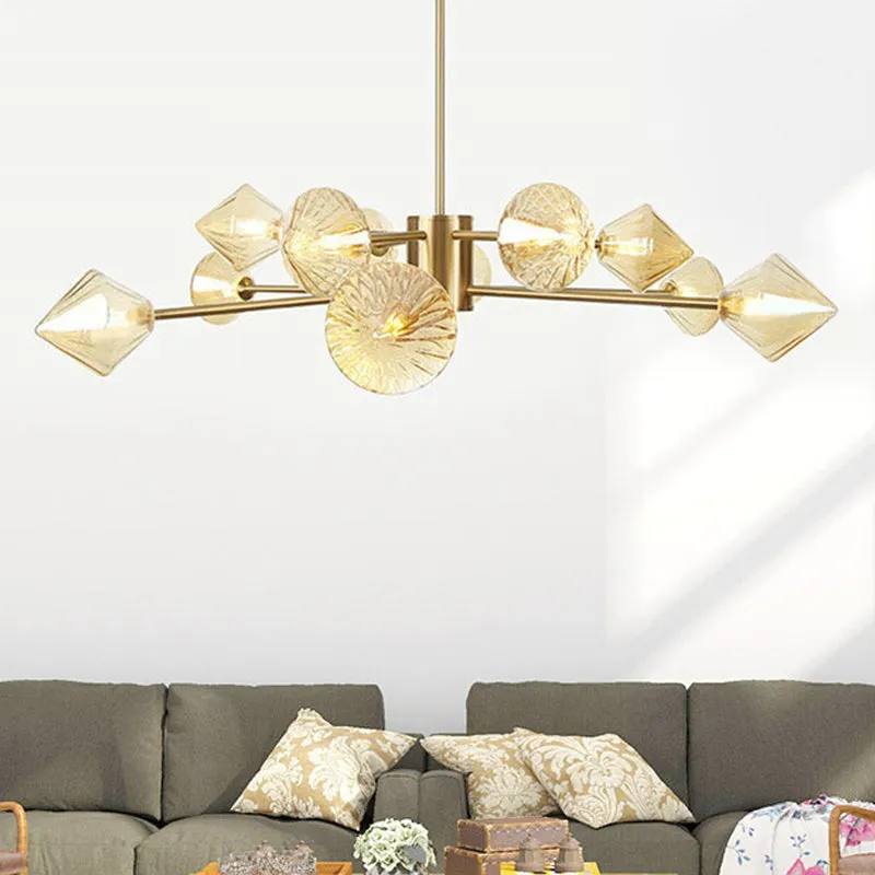 Amber Glass Modern Diamond Chandelier Light - Bedroom Lighting Fixture (12 Heads)