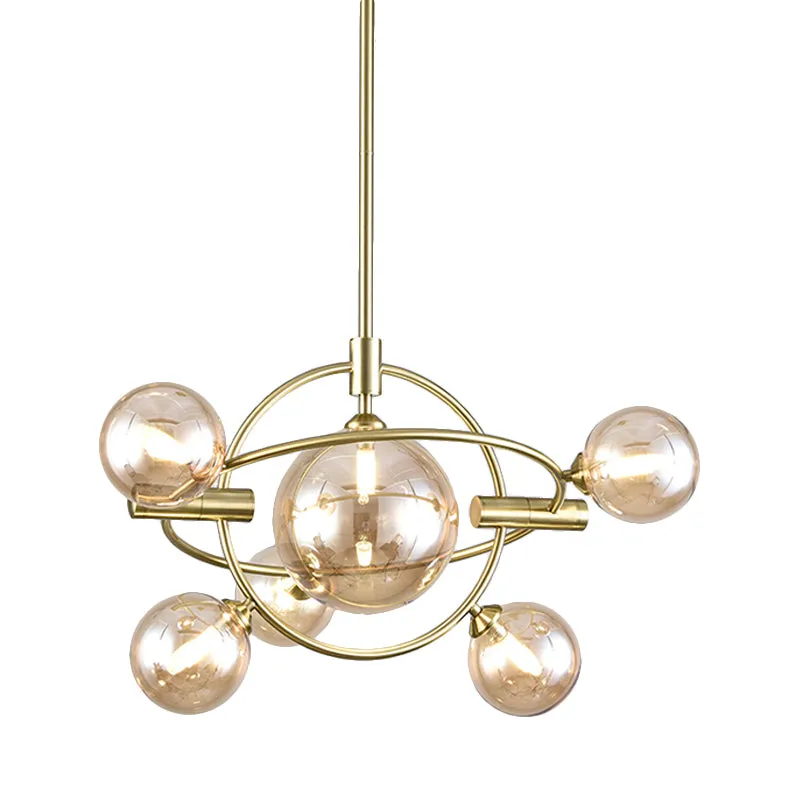 Amber Glass Modernist Sphere Chandelier - 6 Head Dining Room Ceiling Lamp