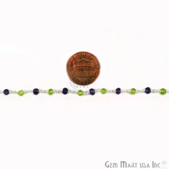 Amethyst With Peridot 3-3.5mm Silver Plated Wire Beads Rosary Chain