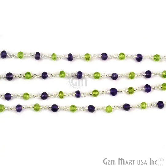 Amethyst With Peridot 3-3.5mm Silver Plated Wire Beads Rosary Chain