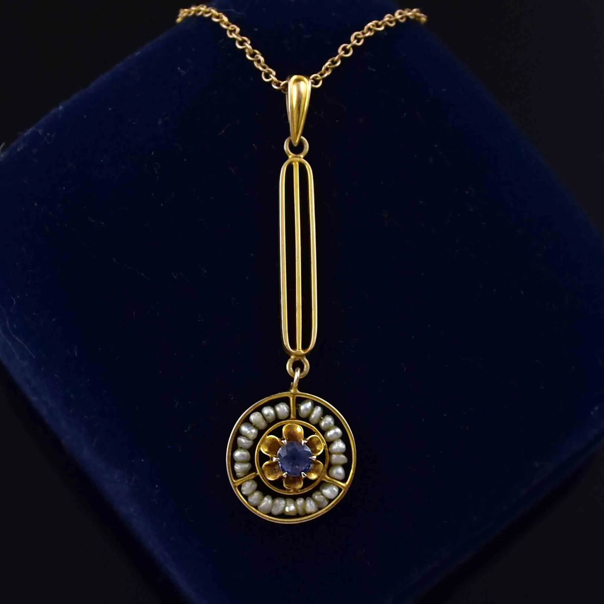 Antique 10K Gold Sapphire Pearl Lavalier Necklace