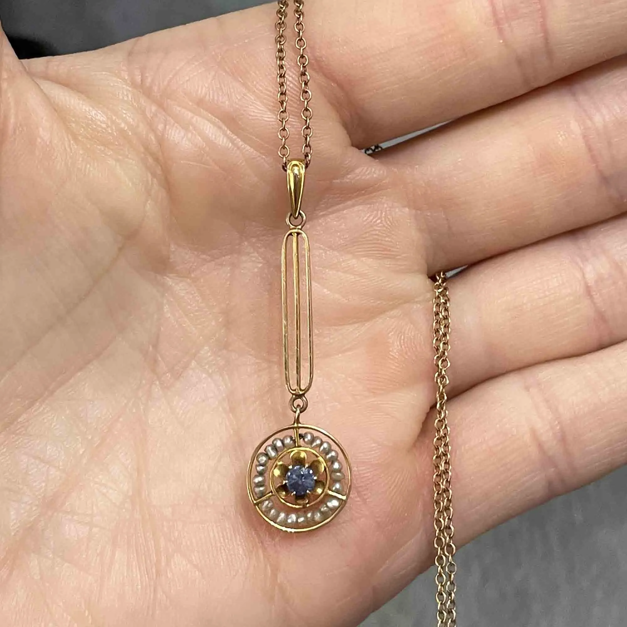 Antique 10K Gold Sapphire Pearl Lavalier Necklace