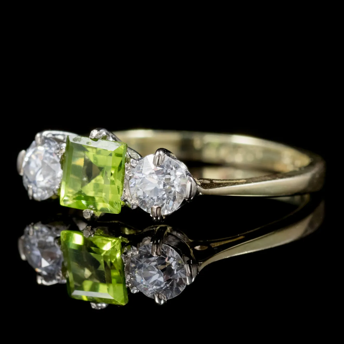 Antique Edwardian Peridot Diamond Trilogy Ring Platinum 18Ct Gold Circa 1915