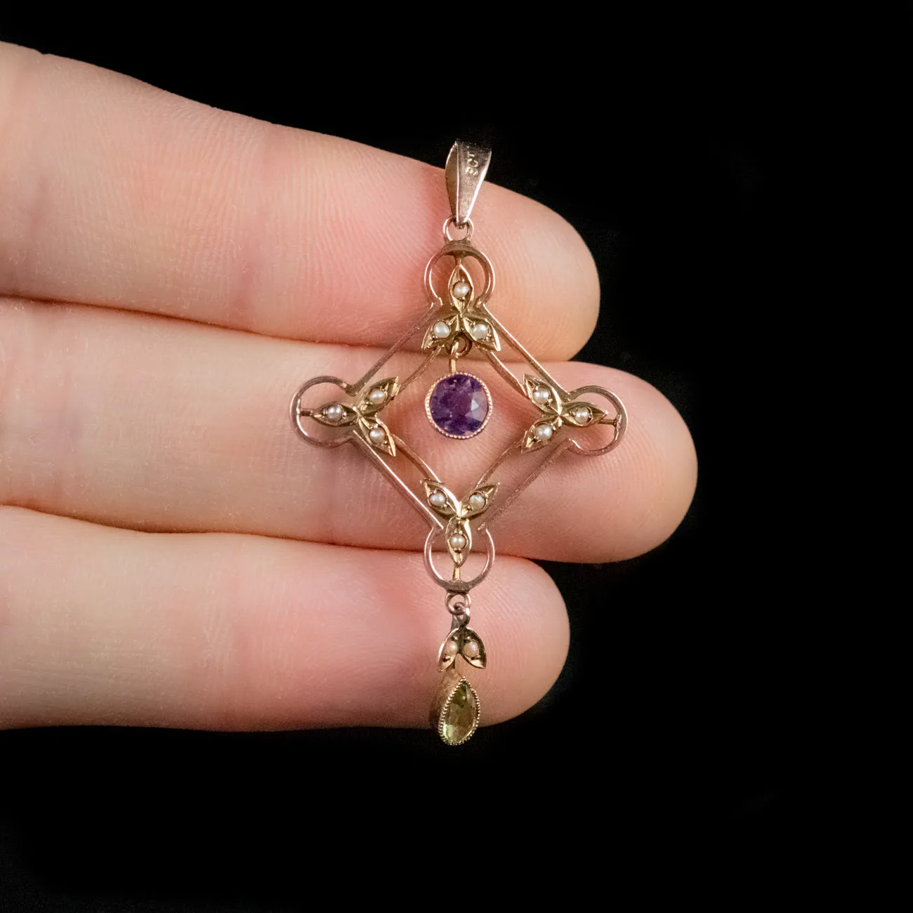 Antique Edwardian Suffragette Amethyst Peridot Pendant 9Ct Gold Circa 1910