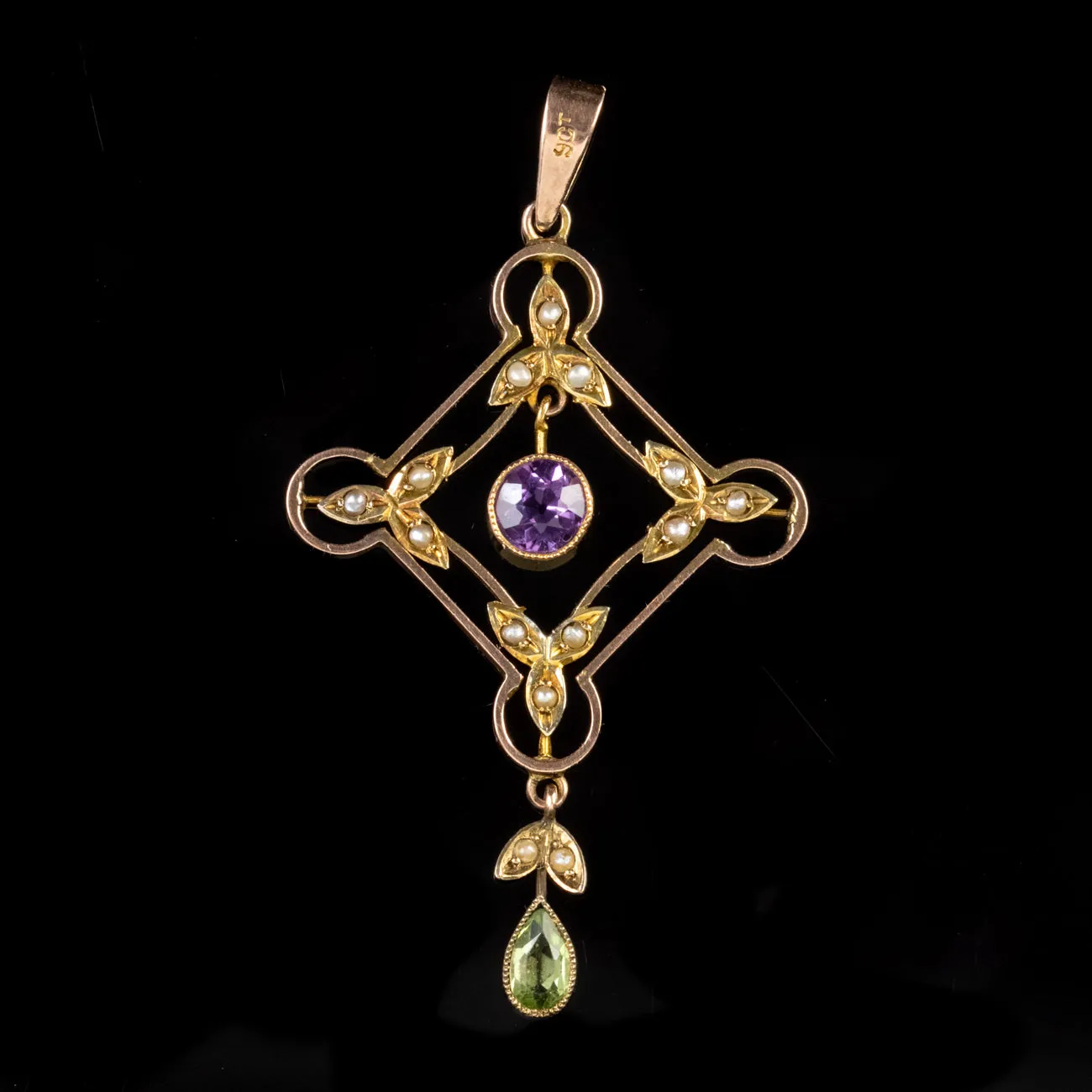 Antique Edwardian Suffragette Amethyst Peridot Pendant 9Ct Gold Circa 1910