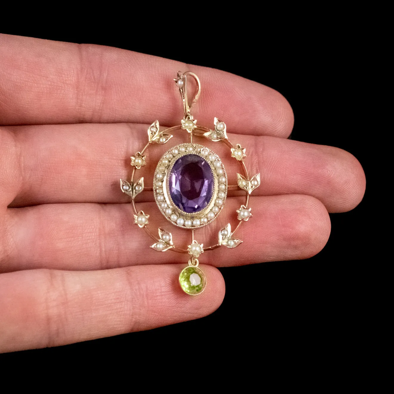 Antique Edwardian Suffragette Floral Pendant Amethyst 18Ct Gold Circa 1910