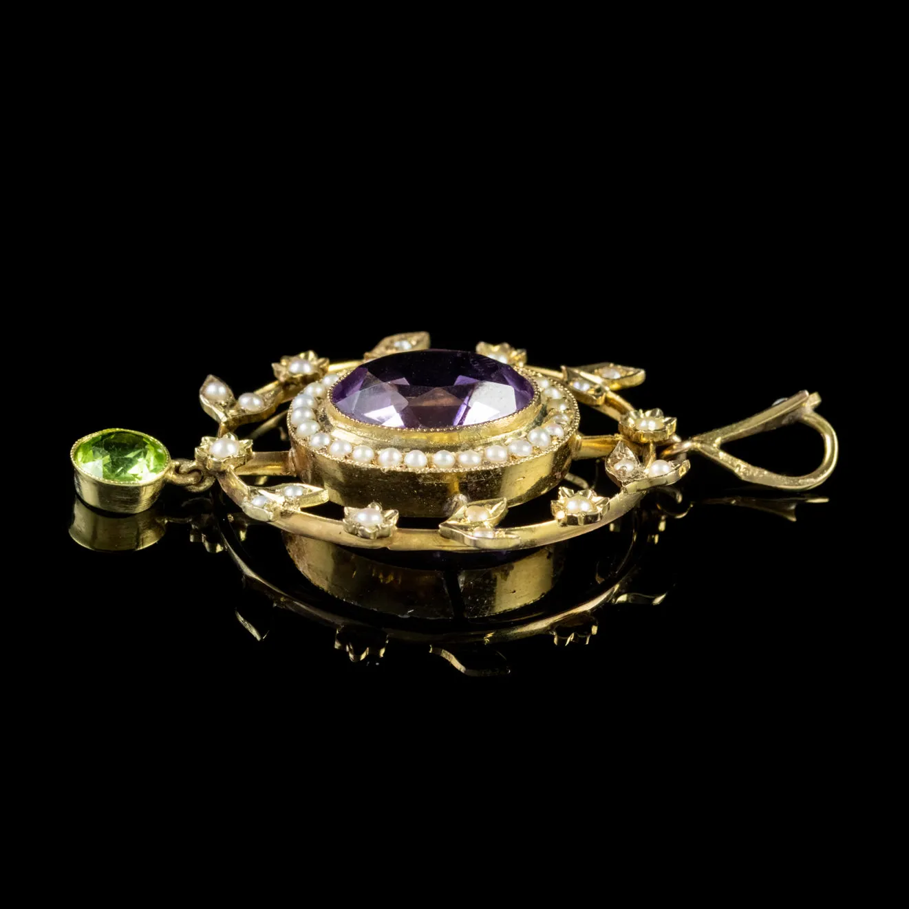 Antique Edwardian Suffragette Floral Pendant Amethyst 18Ct Gold Circa 1910