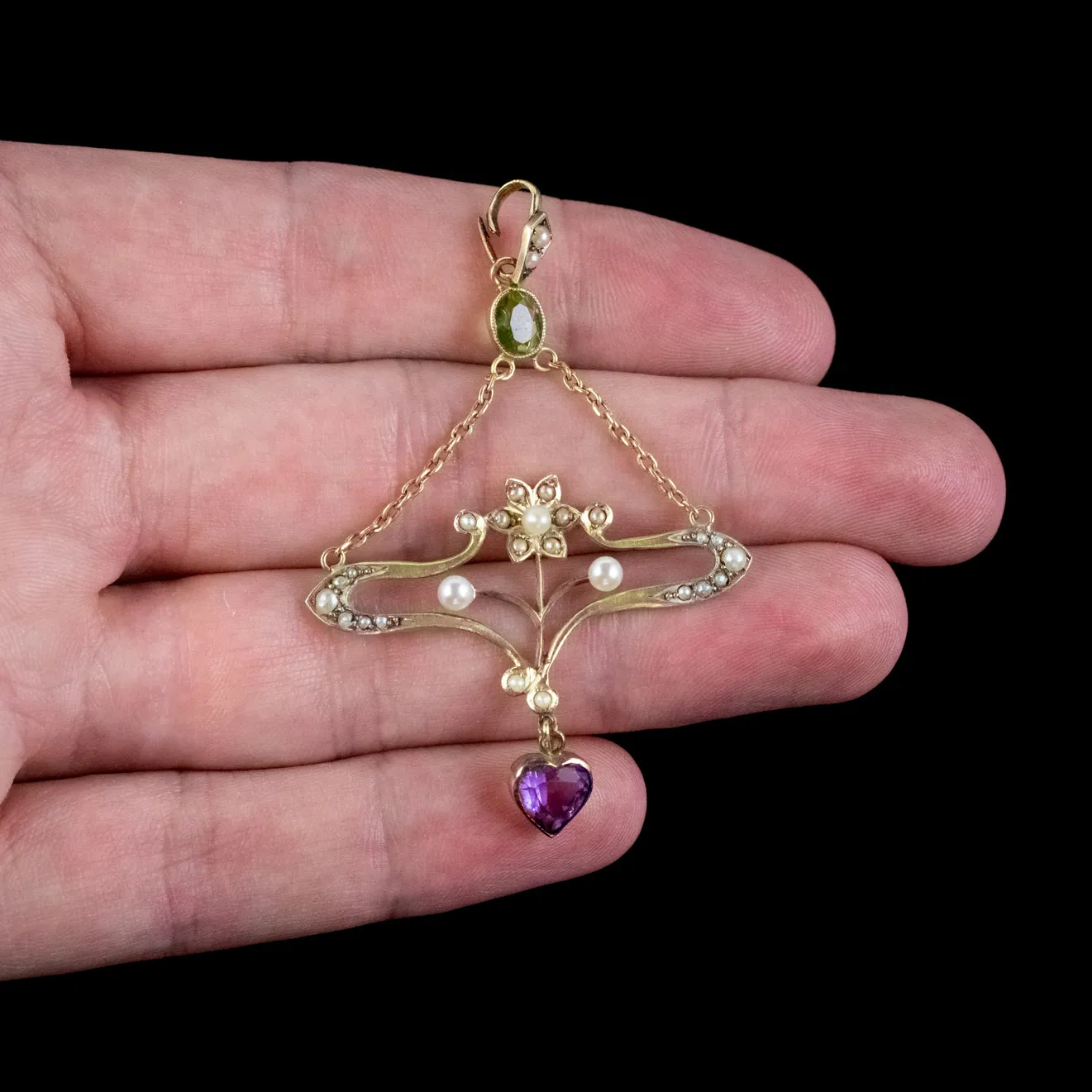 Antique Edwardian Suffragette Pendant 15ct Gold Peridot Amethyst Pearl Circa 1910