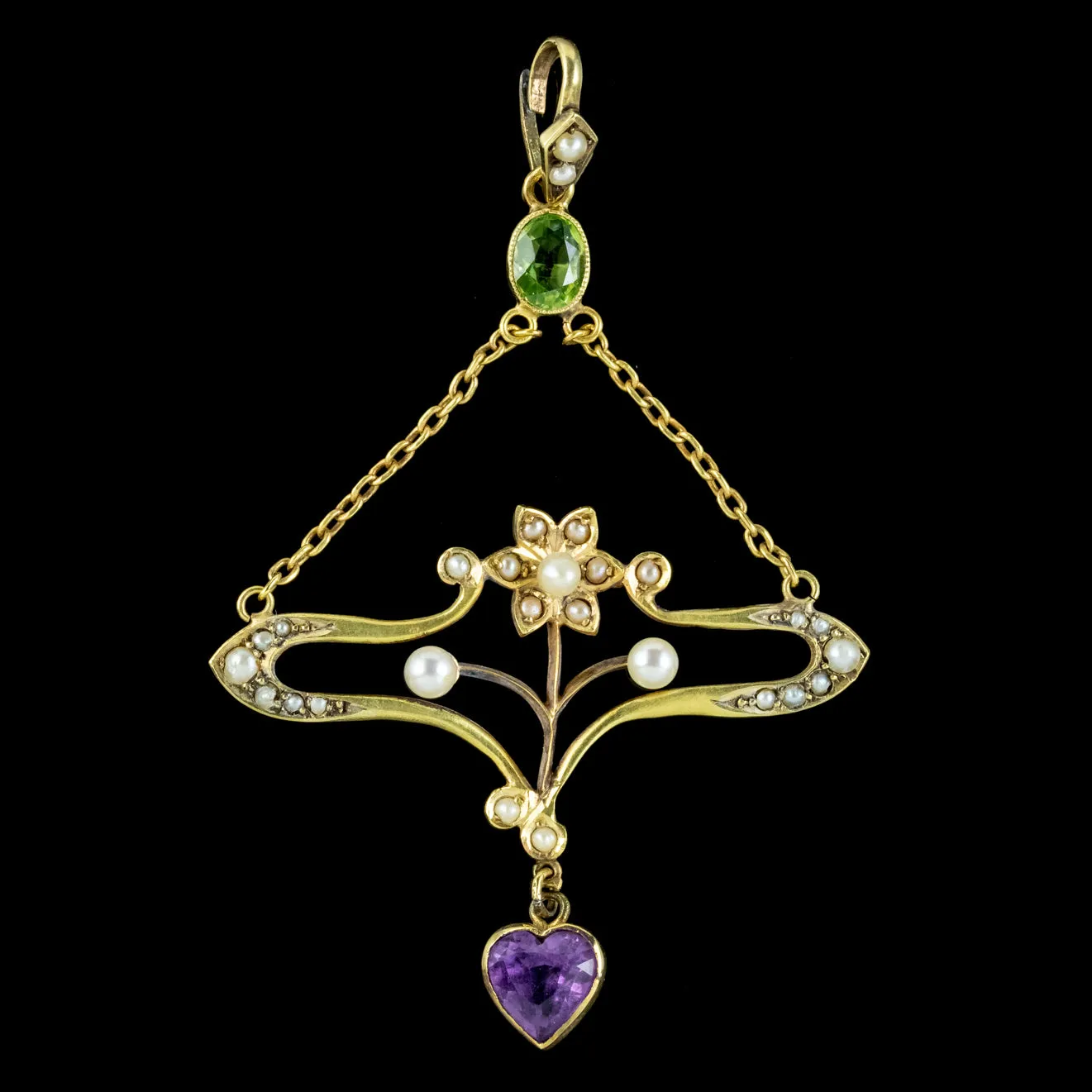 Antique Edwardian Suffragette Pendant 15ct Gold Peridot Amethyst Pearl Circa 1910