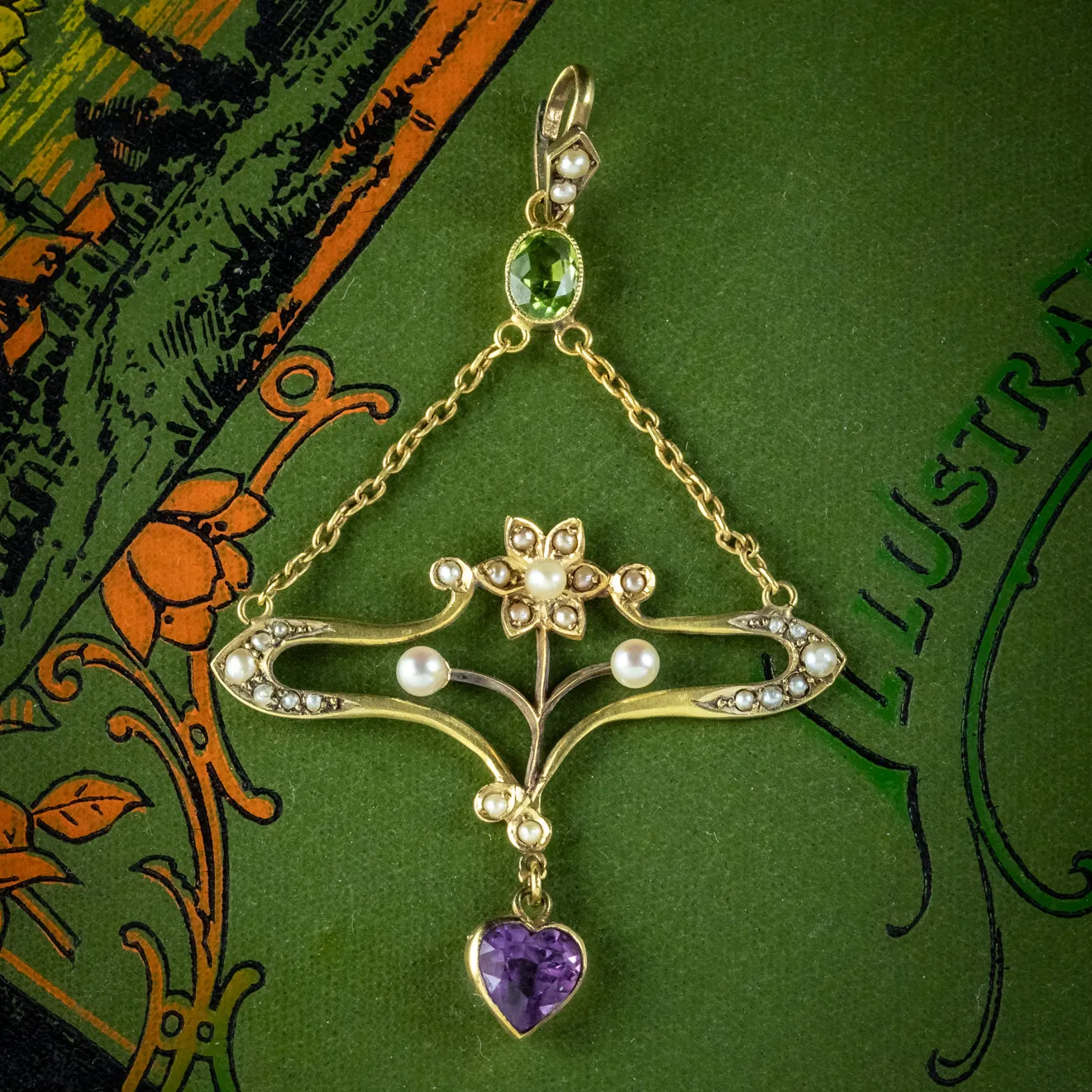 Antique Edwardian Suffragette Pendant 15ct Gold Peridot Amethyst Pearl Circa 1910