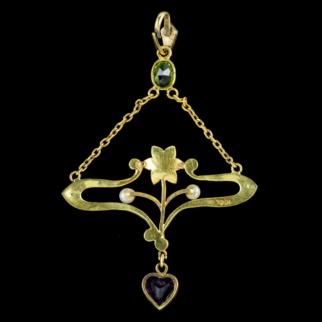 Antique Edwardian Suffragette Pendant 15ct Gold Peridot Amethyst Pearl Circa 1910