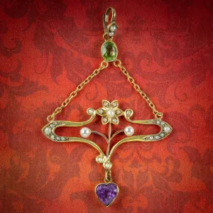 Antique Edwardian Suffragette Pendant 15ct Gold Peridot Amethyst Pearl Circa 1910