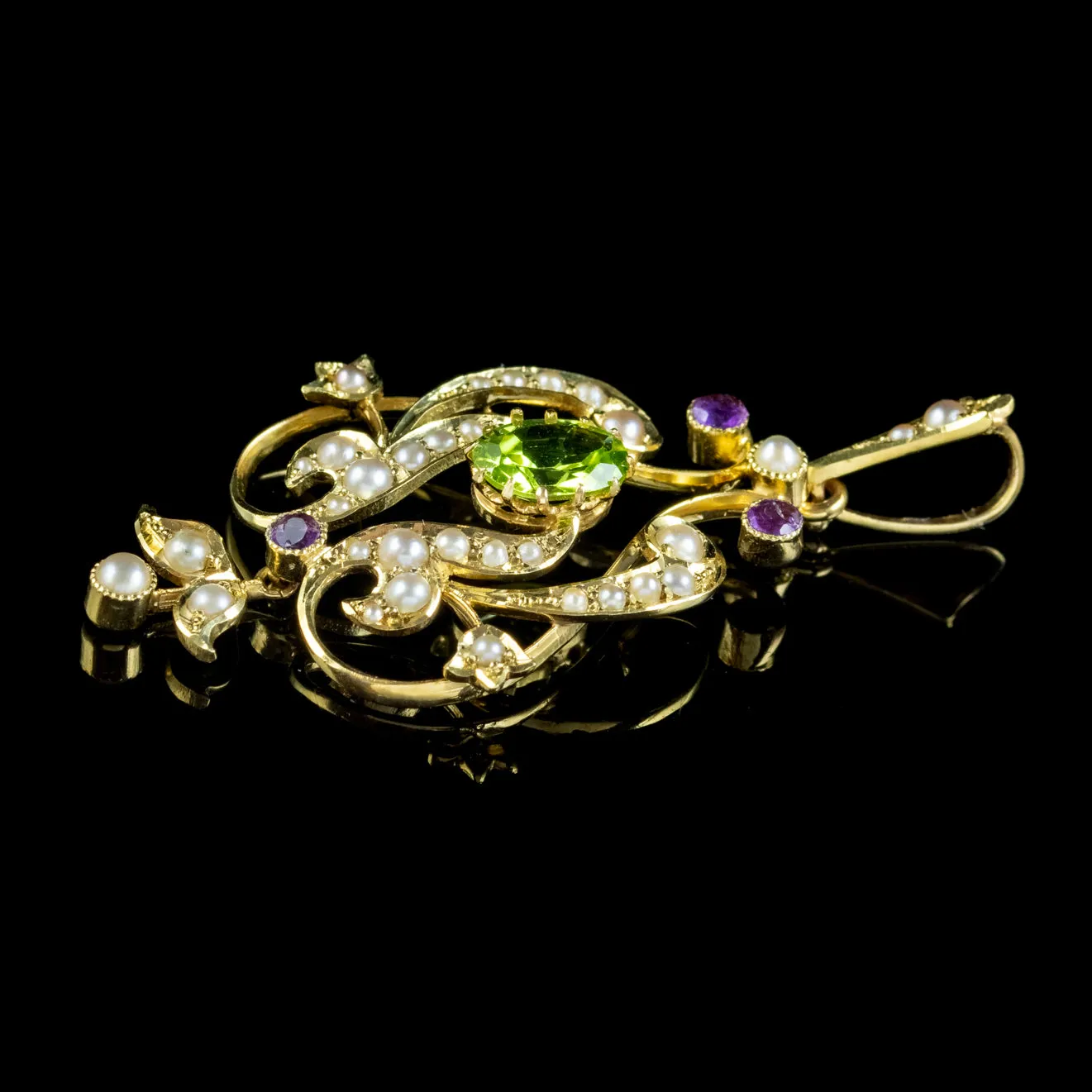 Antique Suffragette Pendant Peridot Amethyst Pearl 15Ct Gold Circa 1910