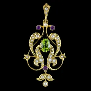 Antique Suffragette Pendant Peridot Amethyst Pearl 15Ct Gold Circa 1910