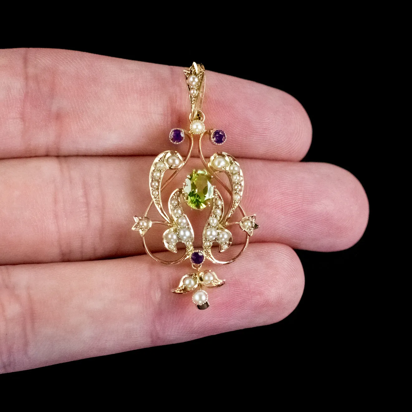 Antique Suffragette Pendant Peridot Amethyst Pearl 15Ct Gold Circa 1910