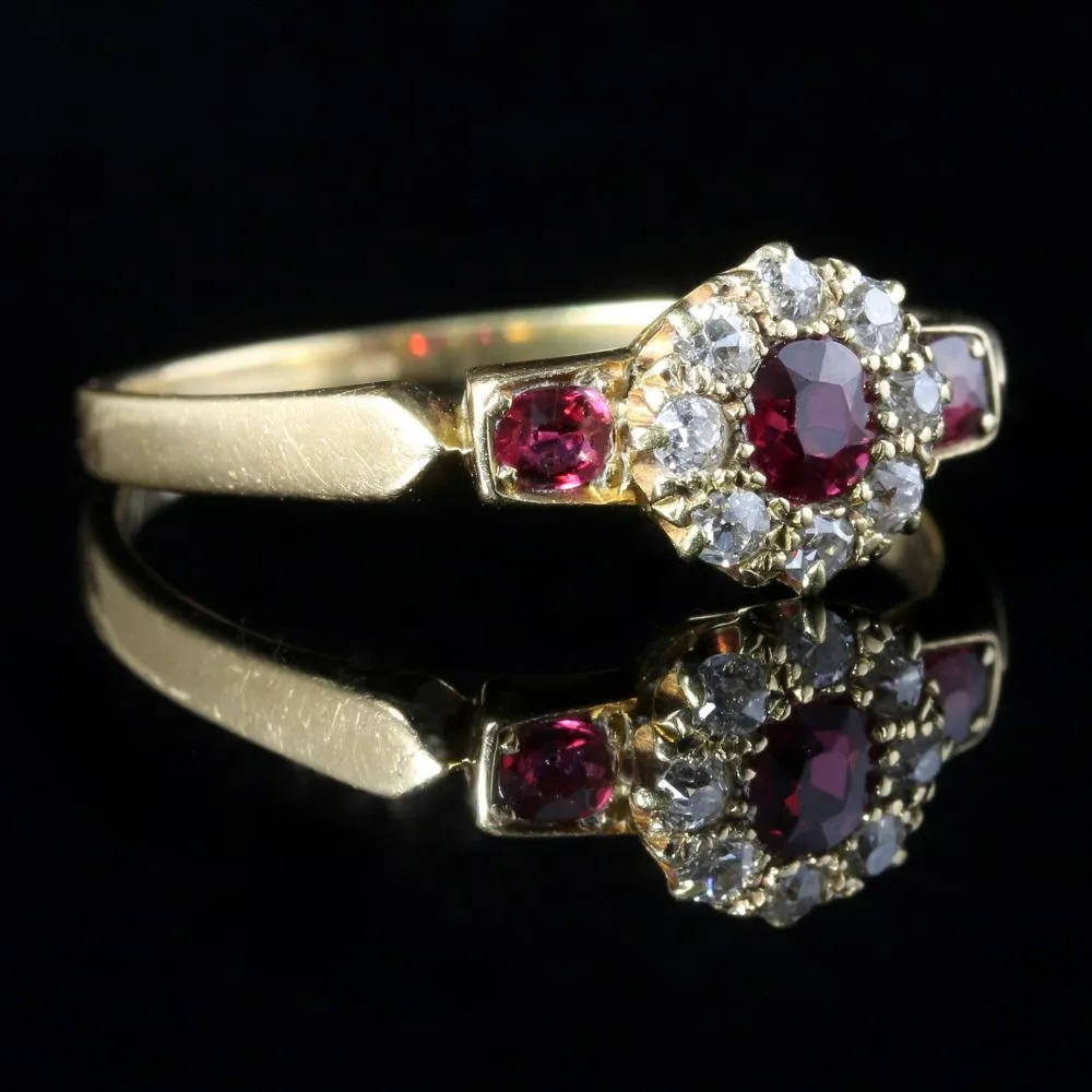 Antique Victorian Ruby Diamond Cluster Ring 18Ct Gold Circa 1880