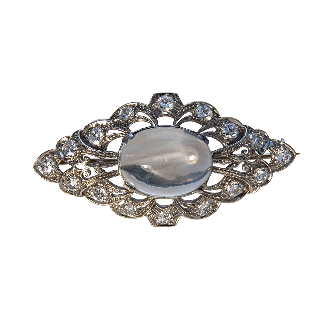 Art Deco Cabochon Moonstone & Diamond 14K Gold Brooch