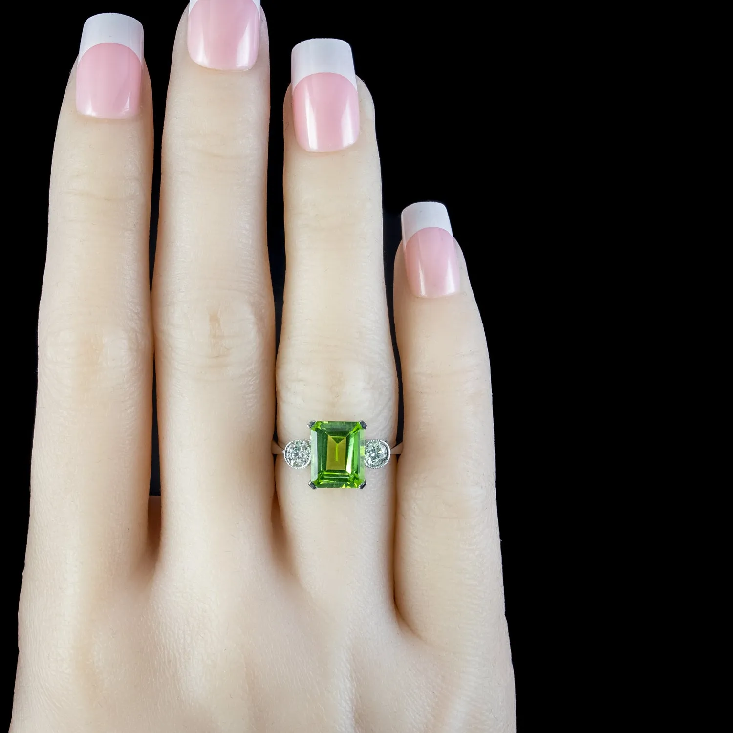 Art Deco Style Peridot Diamond Trilogy Ring 3ct Peridot