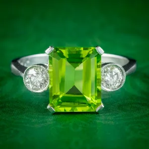 Art Deco Style Peridot Diamond Trilogy Ring 3ct Peridot