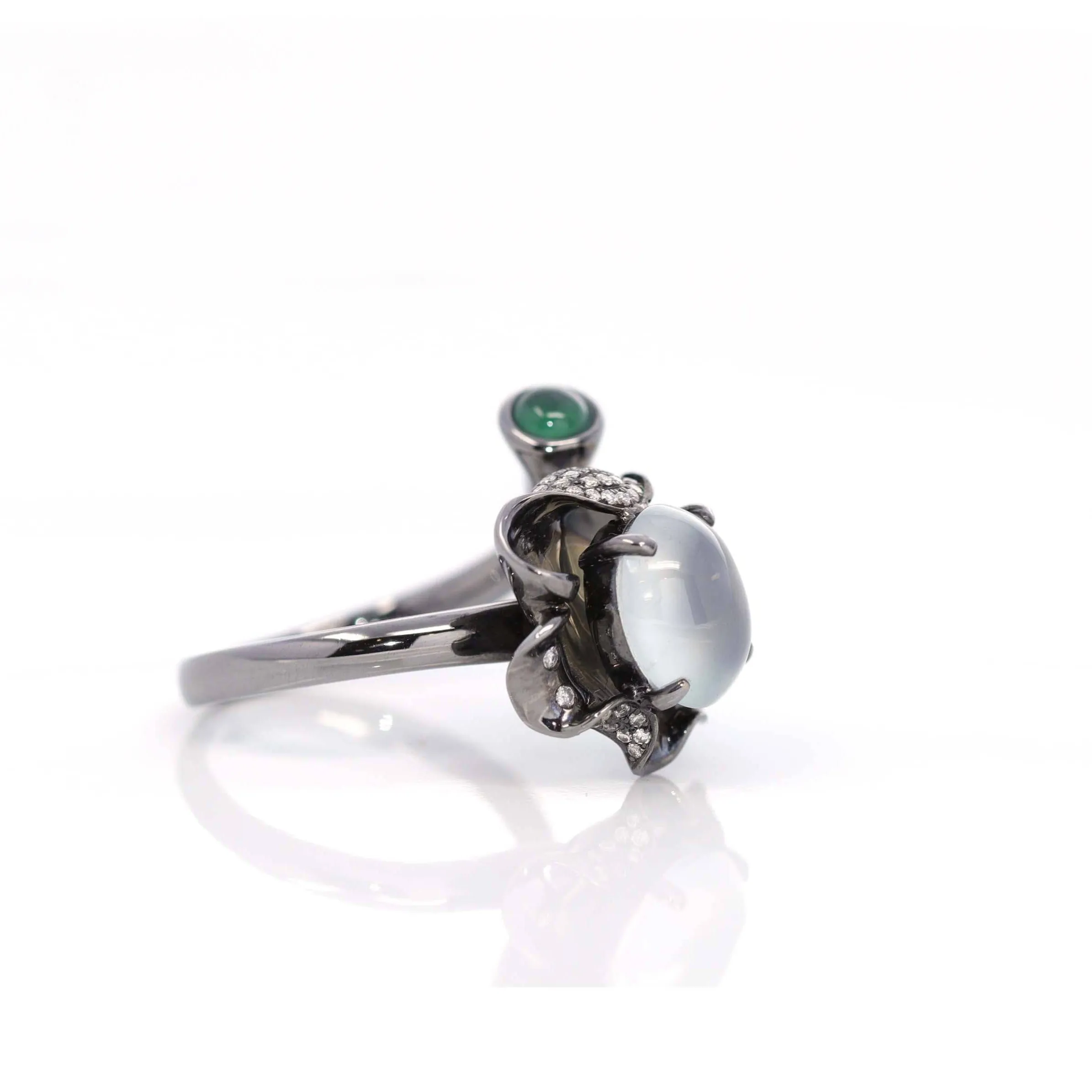 Baikalla™ "Flower" 18k Black Gold Natural Ice Jadeite Jade Engagement Ring