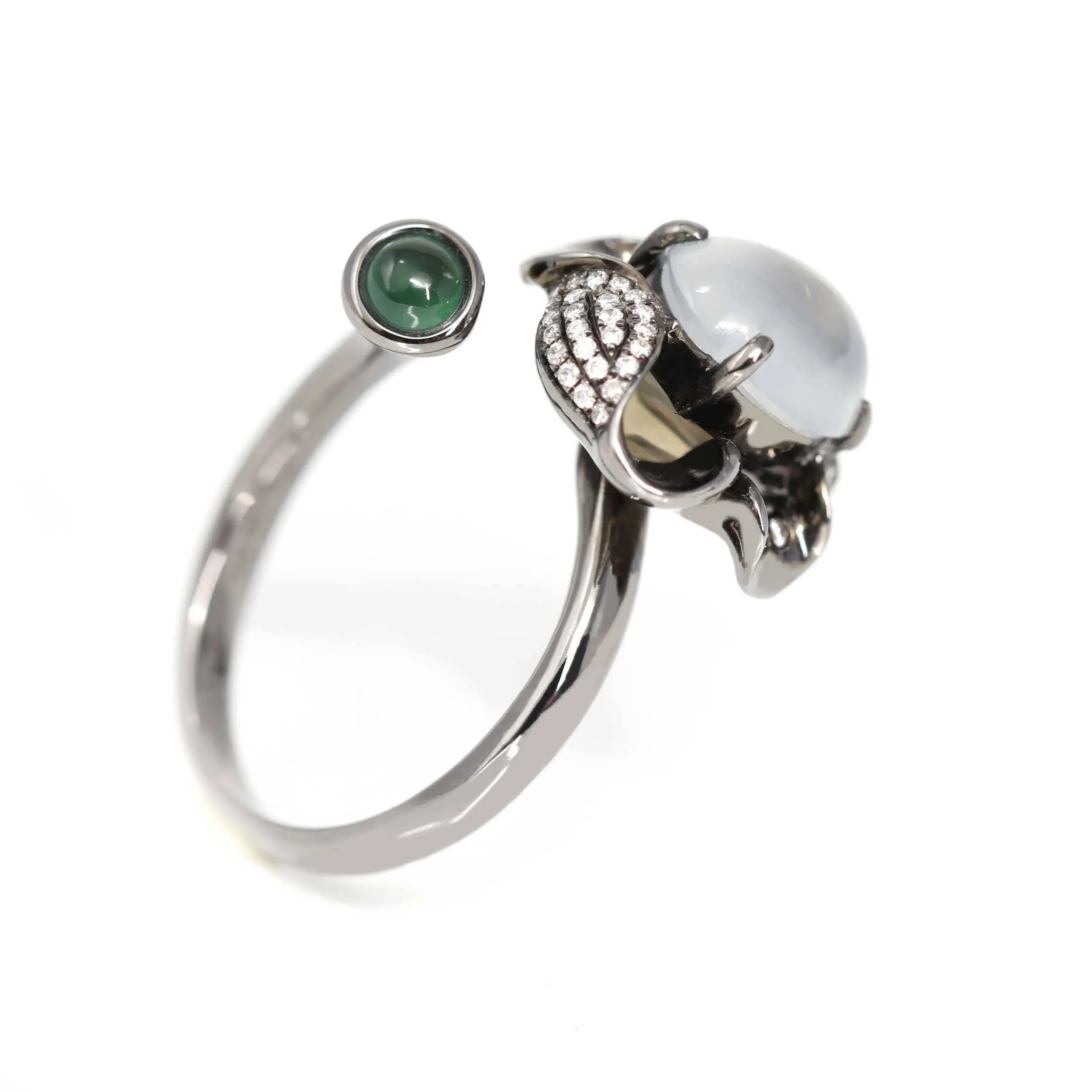 Baikalla™ "Flower" 18k Black Gold Natural Ice Jadeite Jade Engagement Ring