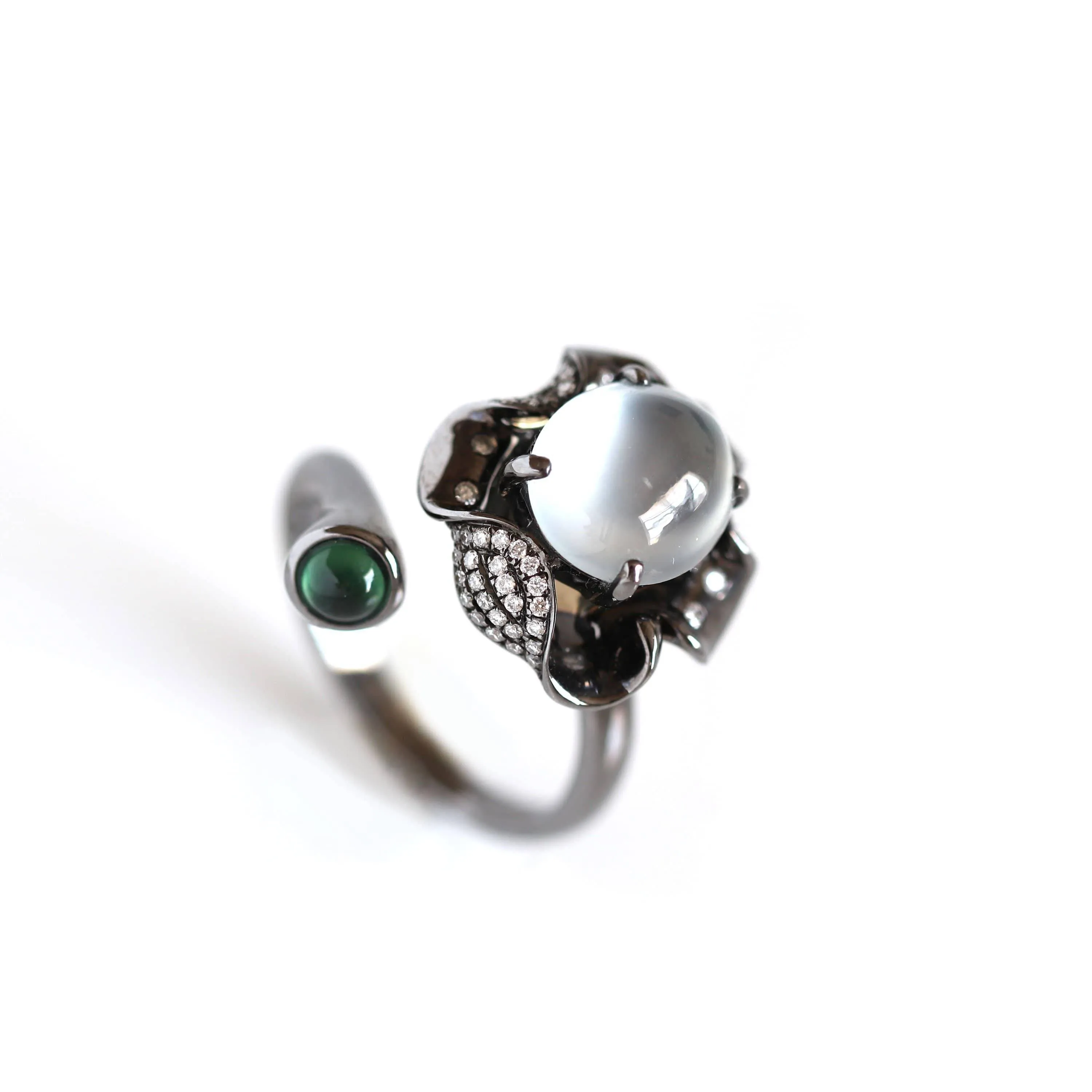 Baikalla™ "Flower" 18k Black Gold Natural Ice Jadeite Jade Engagement Ring