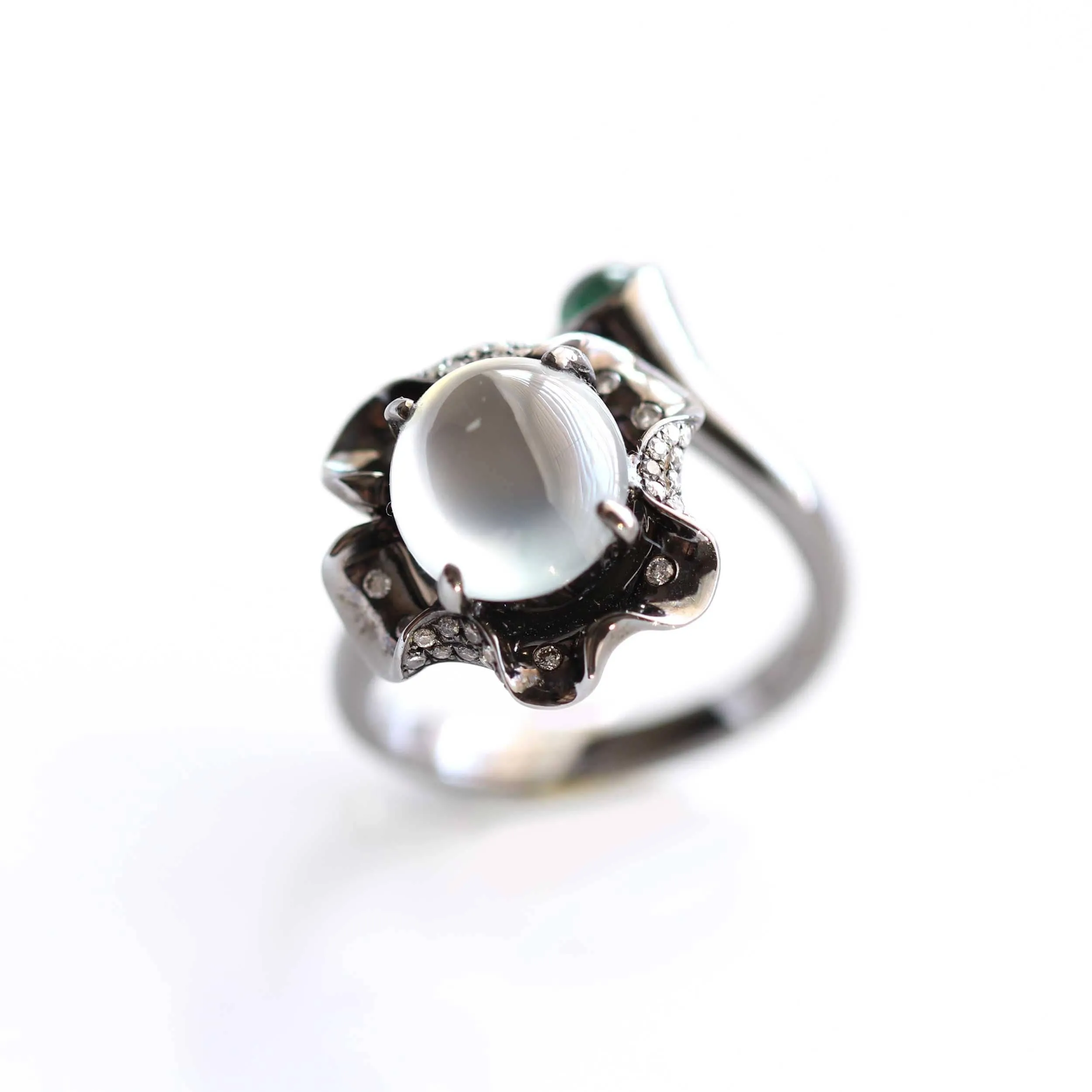 Baikalla™ "Flower" 18k Black Gold Natural Ice Jadeite Jade Engagement Ring