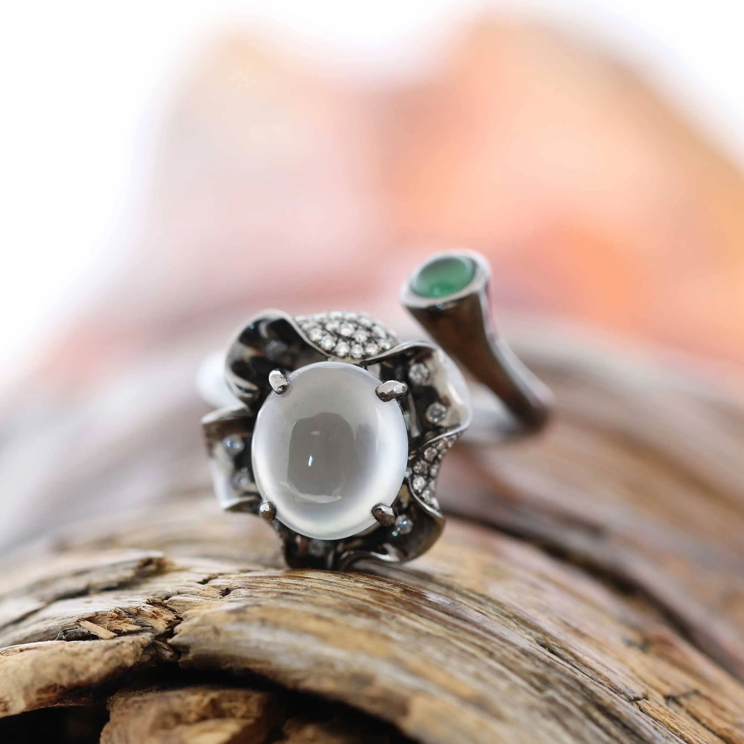 Baikalla™ "Flower" 18k Black Gold Natural Ice Jadeite Jade Engagement Ring