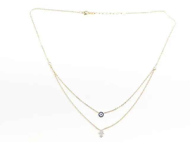 Beautiful Elegant Layered Double Exotic Eye & Hand Gold Tone Silver Necklace