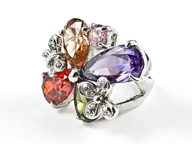 Beautiful Unique Mix Shape Butterfly Design Multi Color CZ Brass Ring