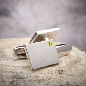 Birthstone Silver Plated Rectangle Engraved Cufflinks (August - Peridot)