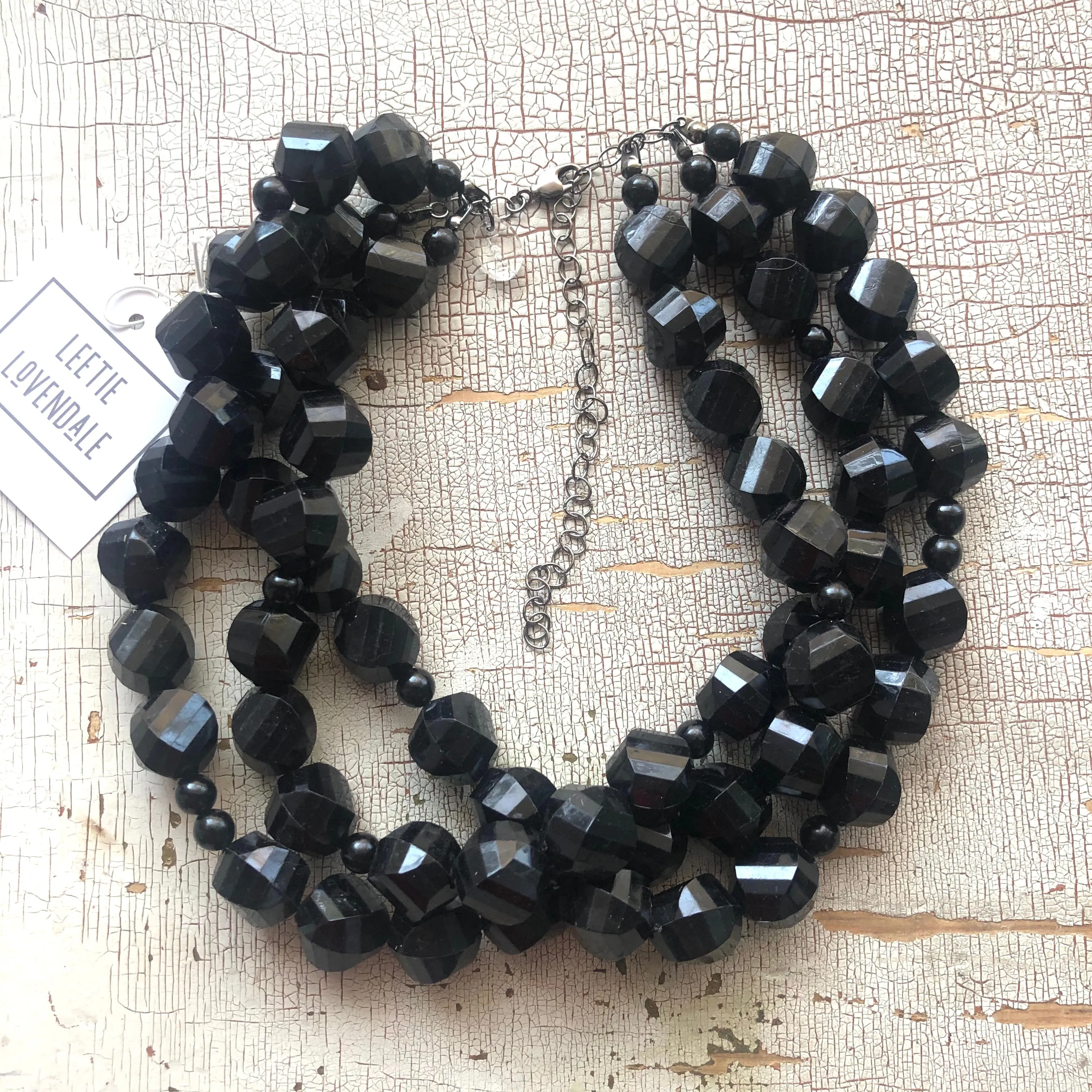 Black Facets Lucite Beaded Multi Strand Morgan Necklace