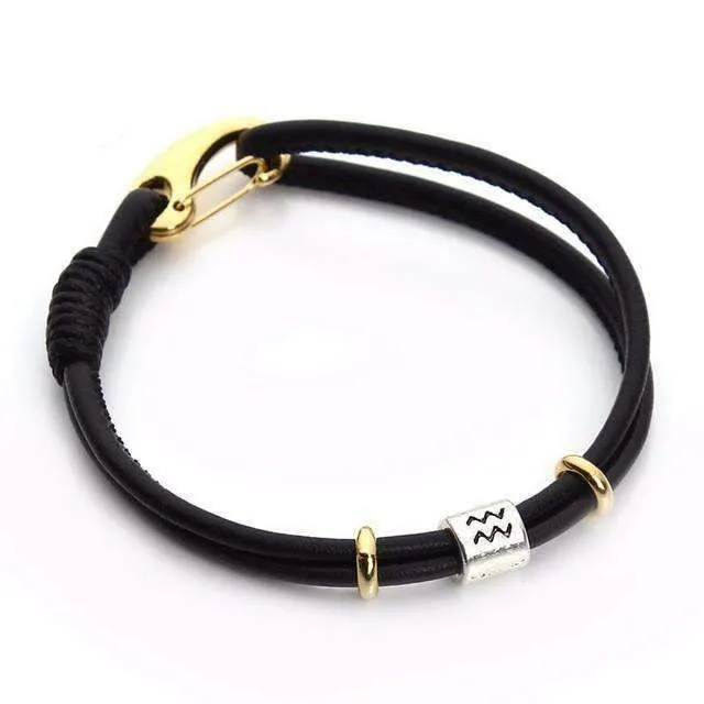 Black Leather Silver Zodiac Signs Charm Bracelet