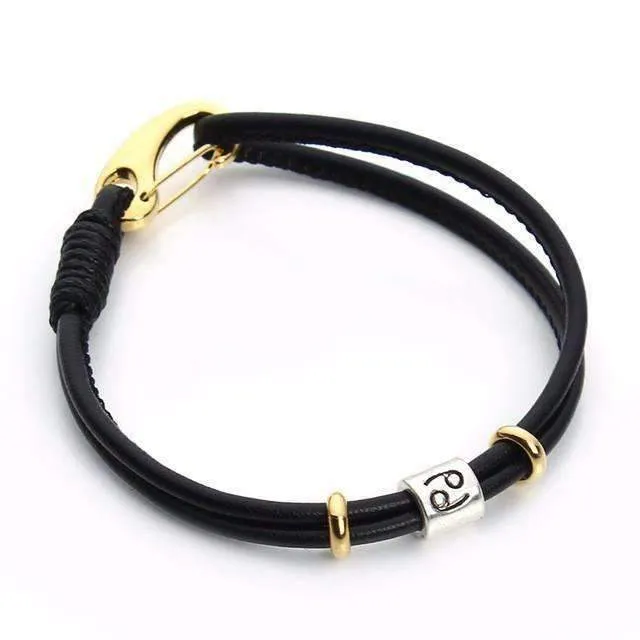 Black Leather Silver Zodiac Signs Charm Bracelet