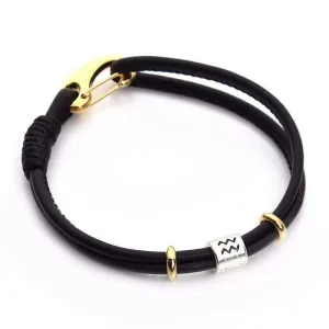 Black Leather Silver Zodiac Signs Charm Bracelet