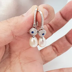 Blue Crystal & Freshwater Pearl Bridal Earrings, Sterling Silver