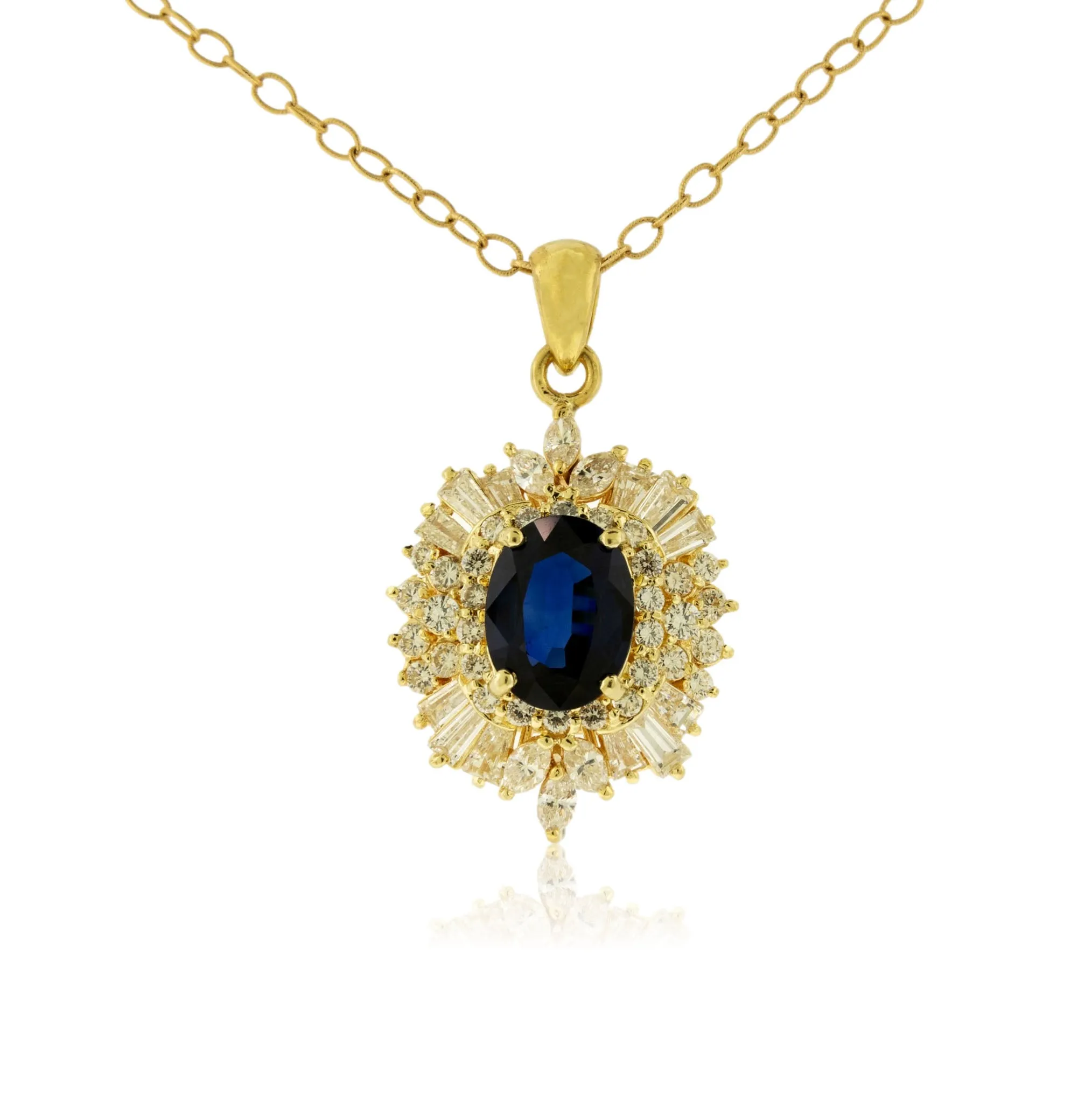 Blue Sapphire and Classic Style Diamond Halo Pendant