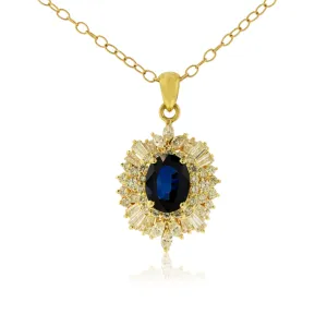 Blue Sapphire and Classic Style Diamond Halo Pendant