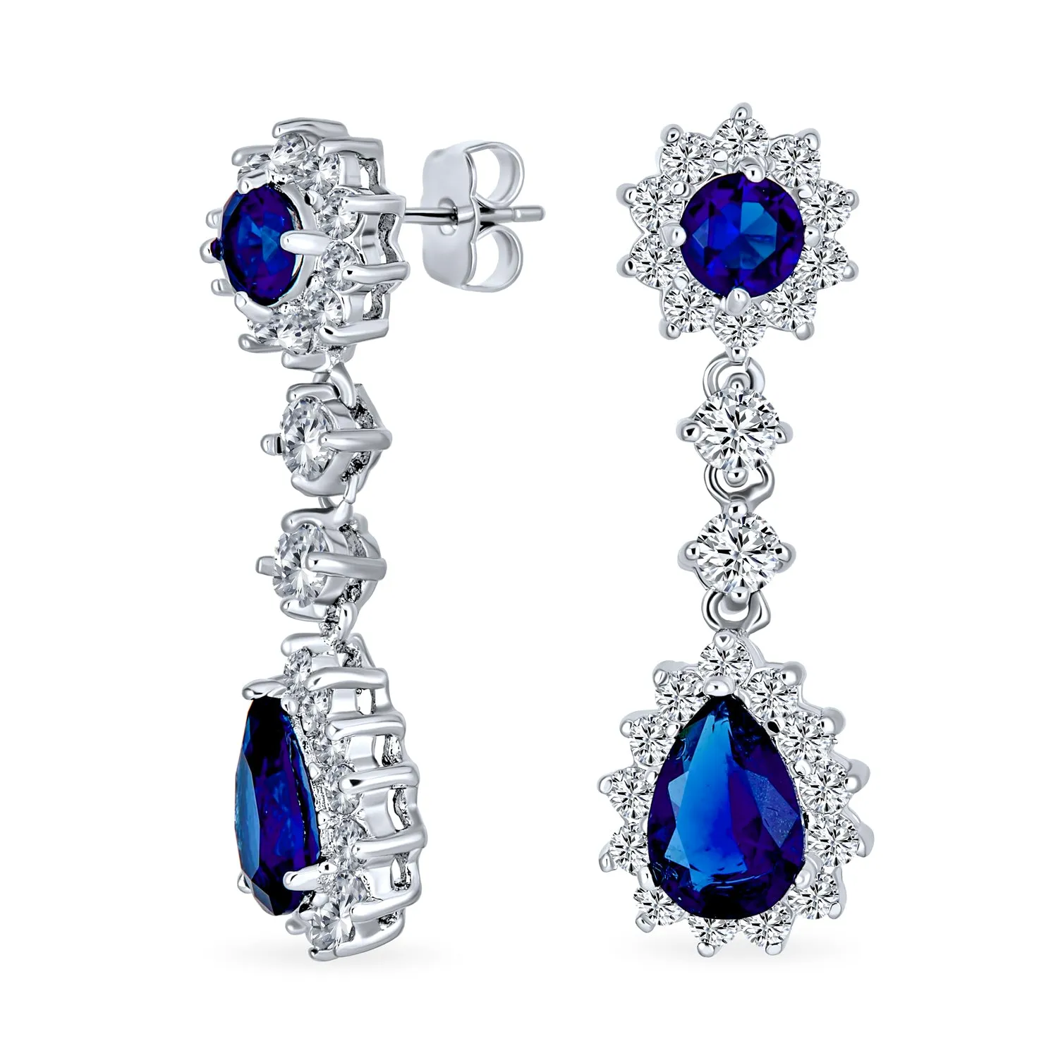 Bridal Halo Blue Sapphire CZ Statement Necklace Chandelier Earrings Jewelry Set