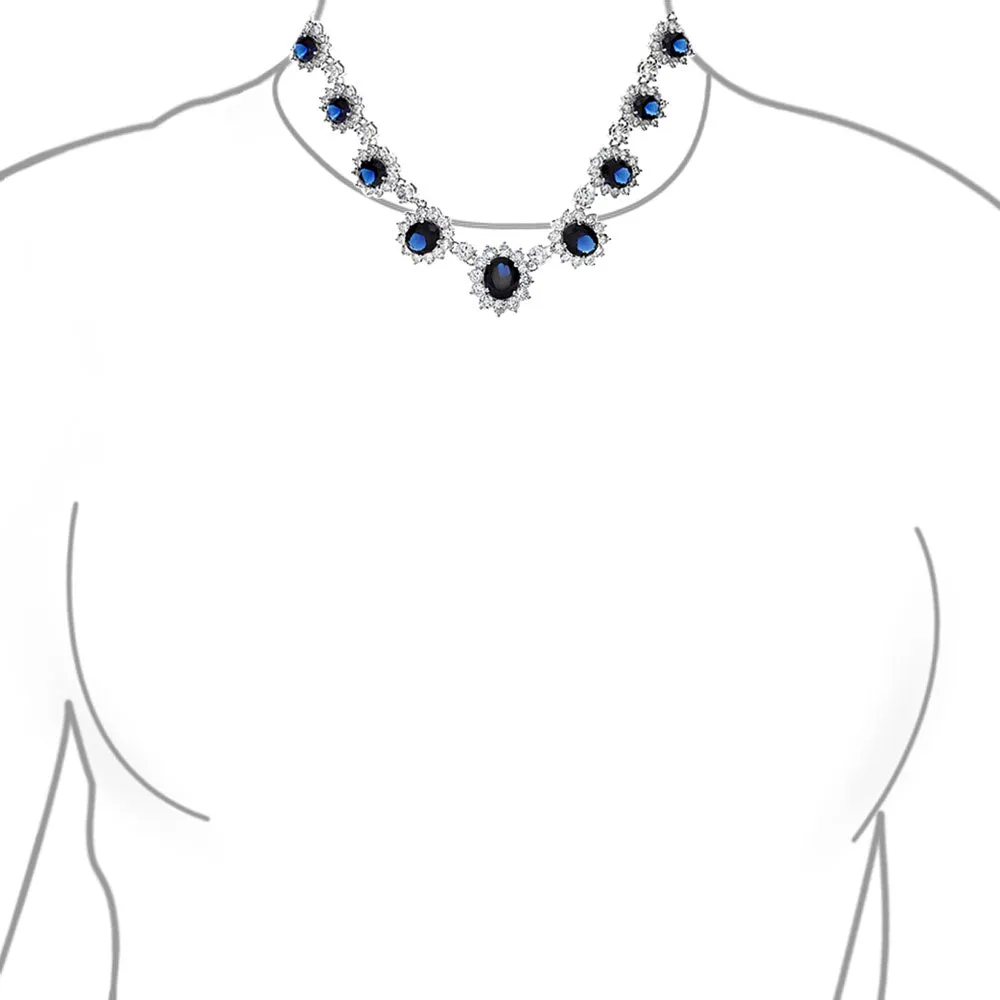 Bridal Halo Blue Sapphire CZ Statement Necklace Chandelier Earrings Jewelry Set