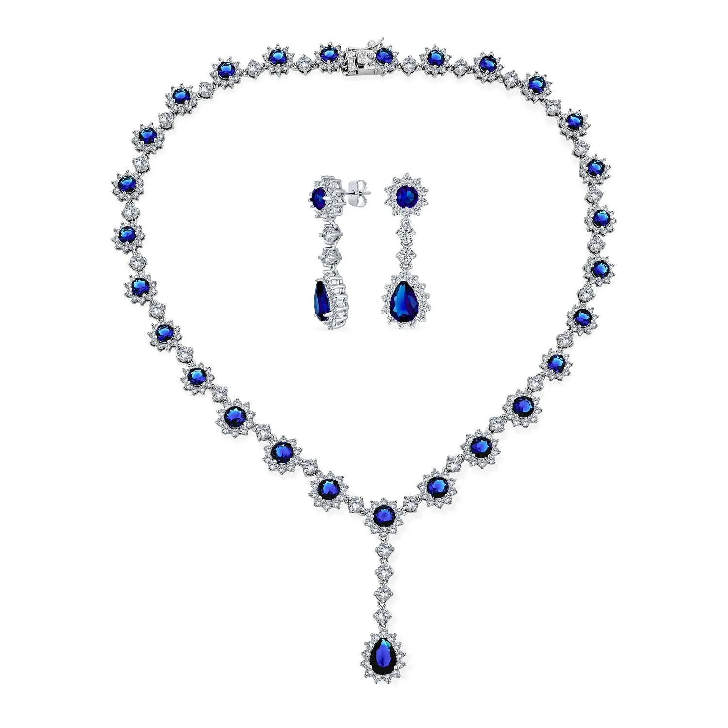 Bridal Halo Blue Sapphire CZ Statement Necklace Chandelier Earrings Jewelry Set