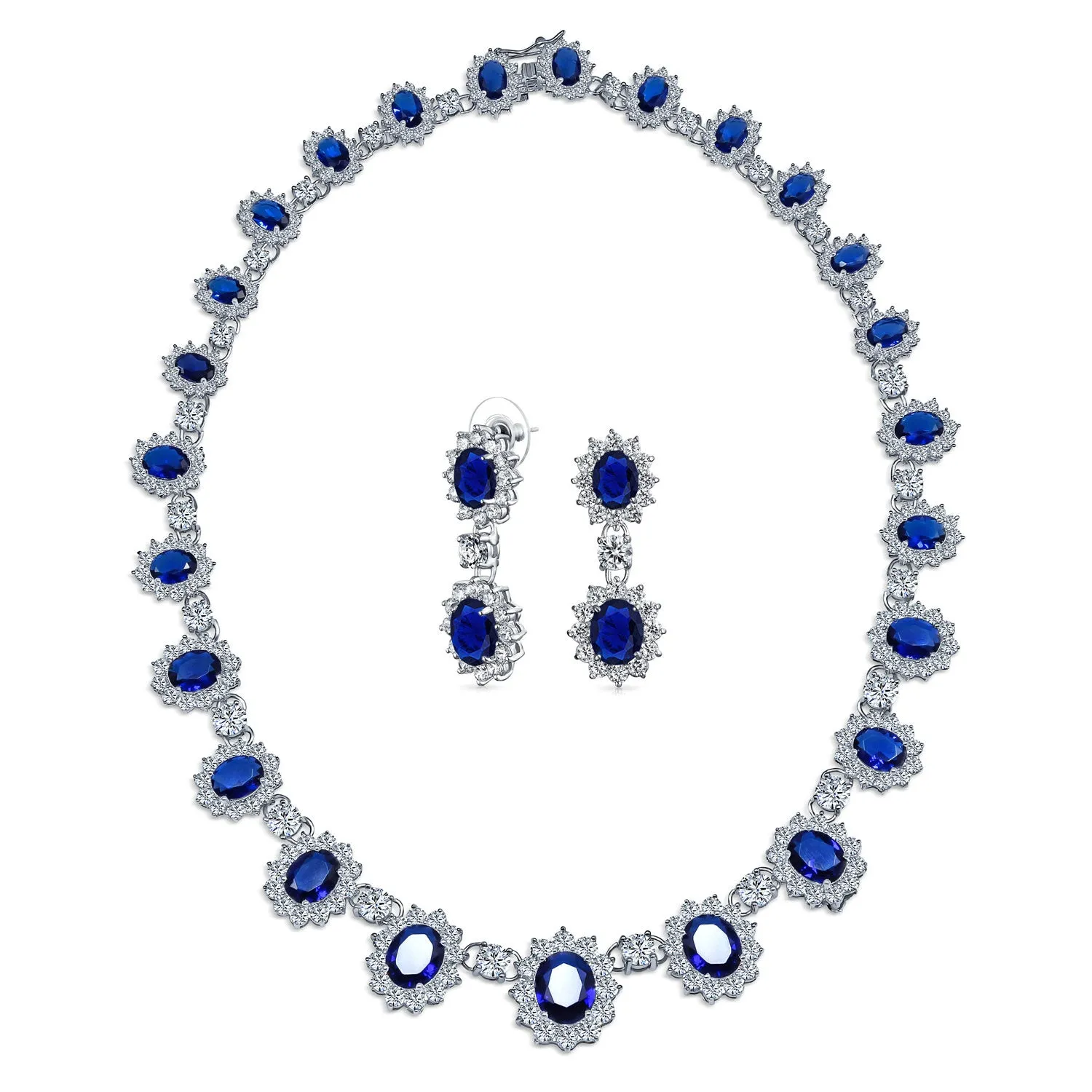 Bridal Halo Blue Sapphire CZ Statement Necklace Chandelier Earrings Jewelry Set