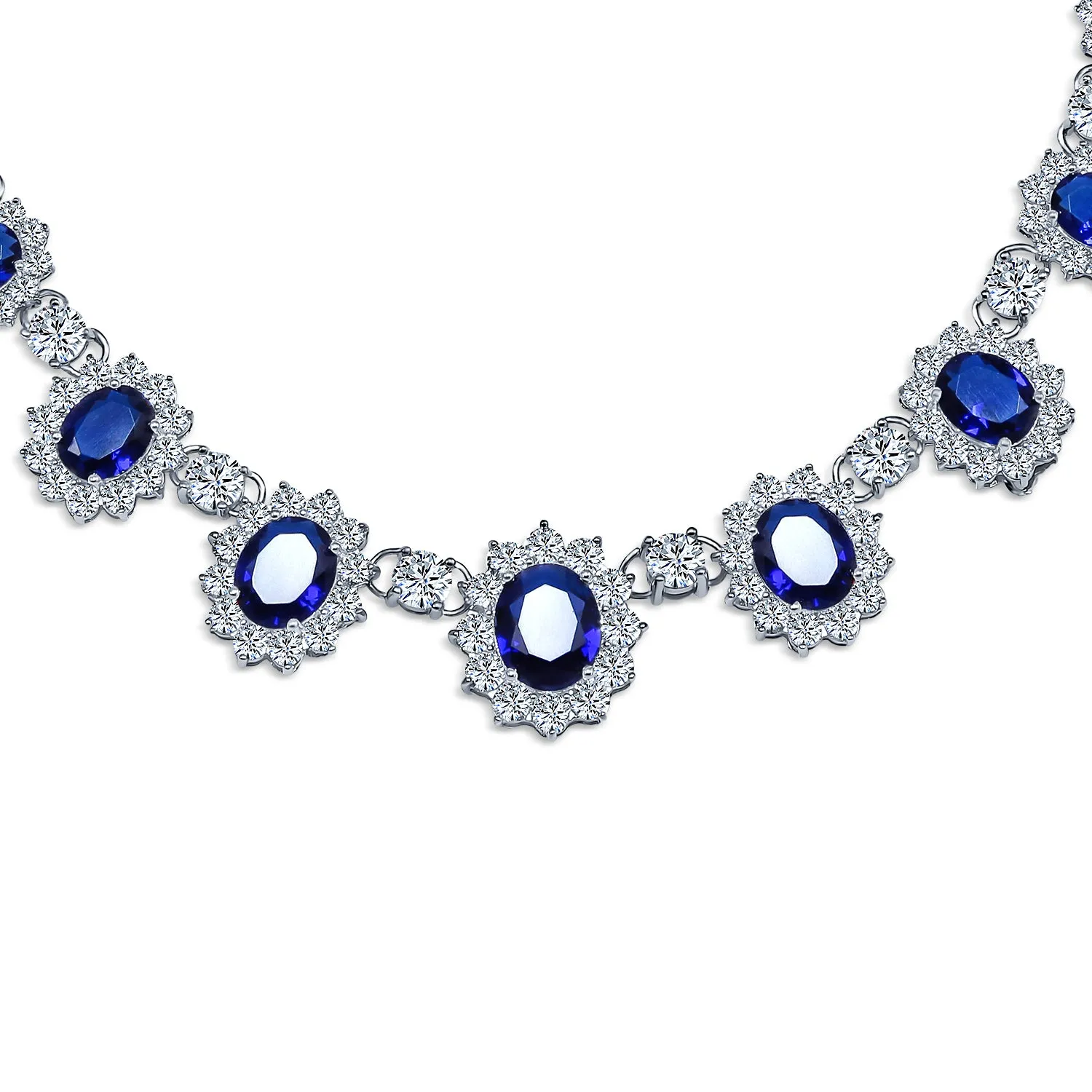 Bridal Halo Blue Sapphire CZ Statement Necklace Chandelier Earrings Jewelry Set