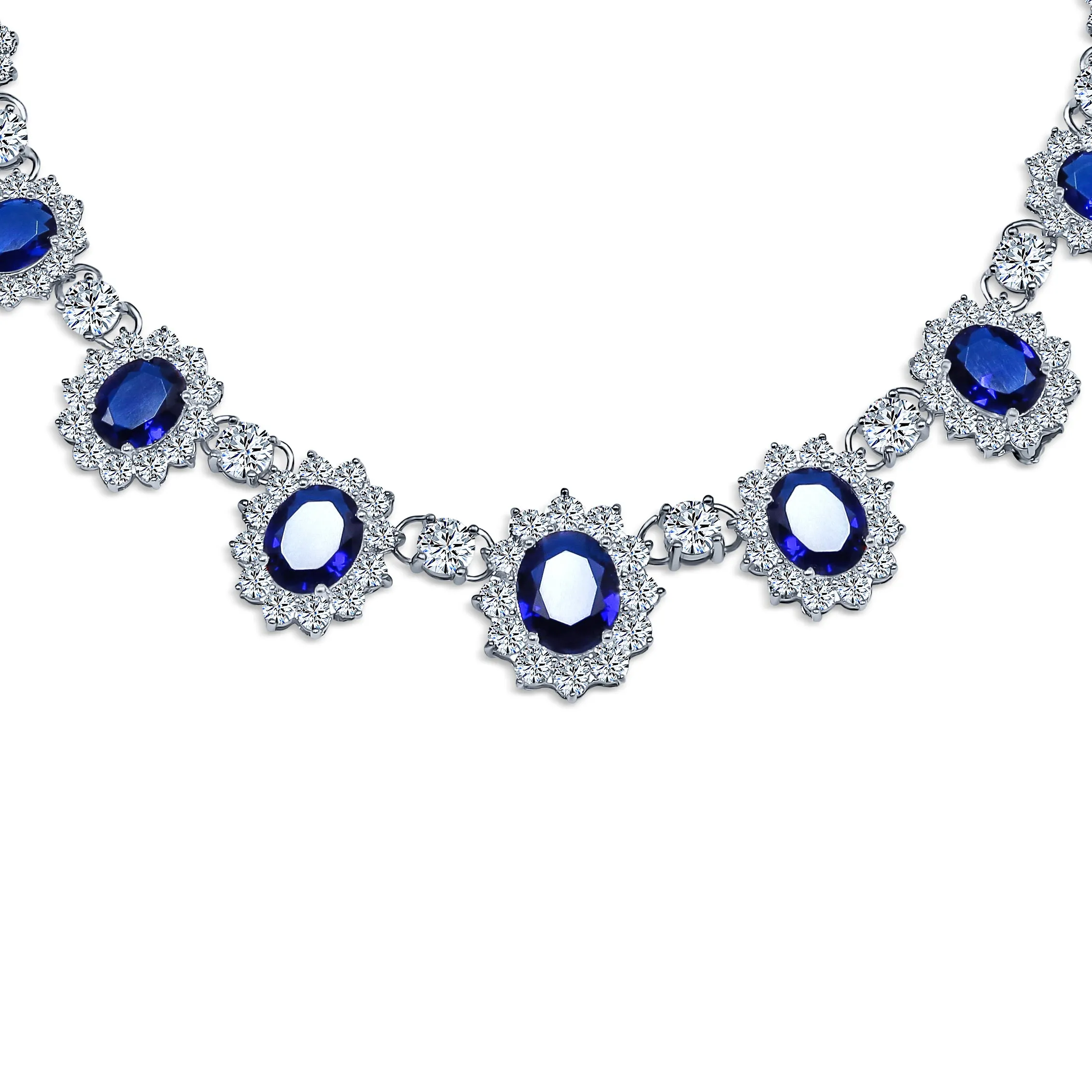 Bridal Halo Blue Sapphire CZ Statement Necklace Chandelier Earrings Jewelry Set