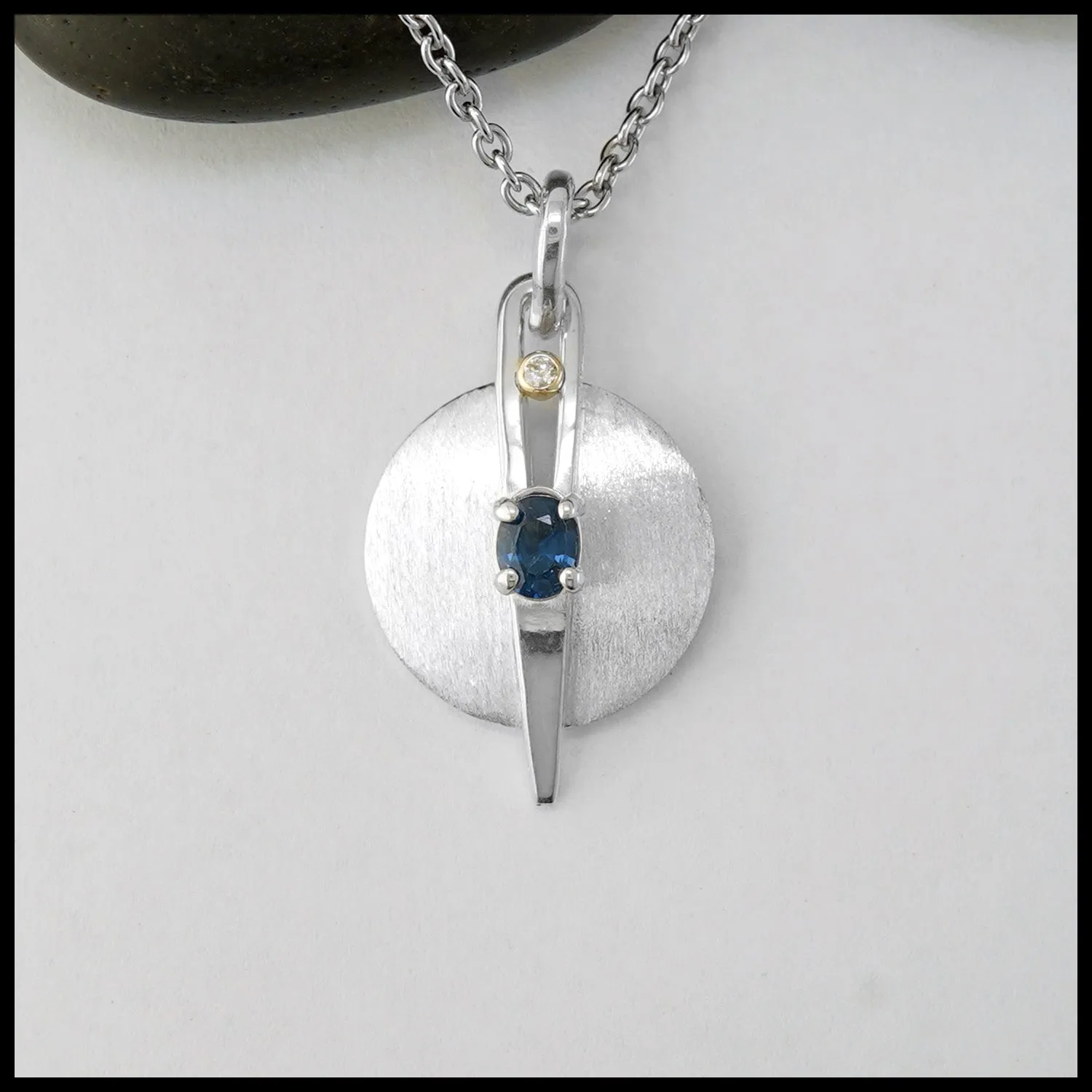 Brushed Silver Pendant with Blue Sapphire and Diamond