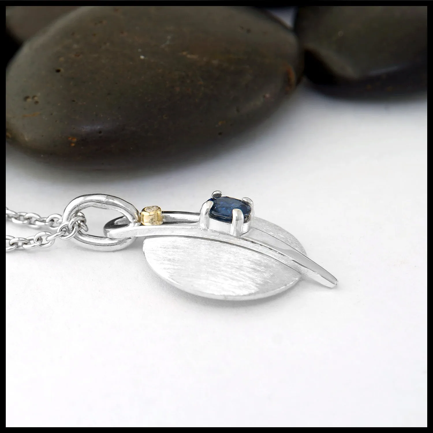 Brushed Silver Pendant with Blue Sapphire and Diamond