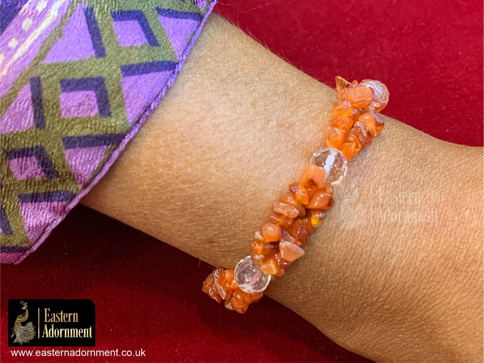 Carnelian Crystal Chip Bead Bracelet with Clear Quartz Beads