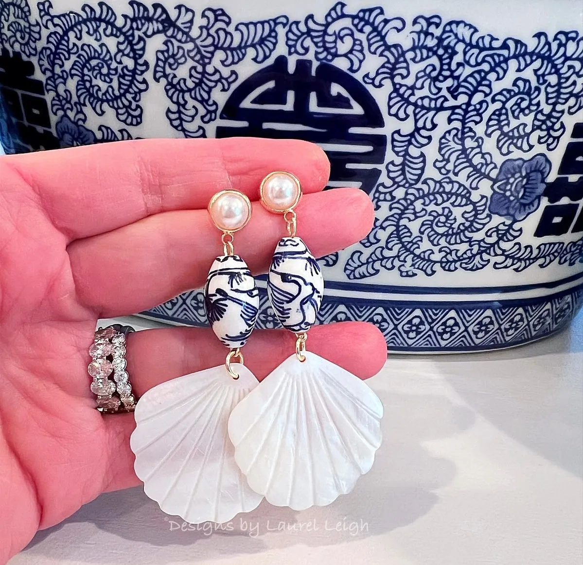 Chinoiserie Pearl Shell Drop Earrings