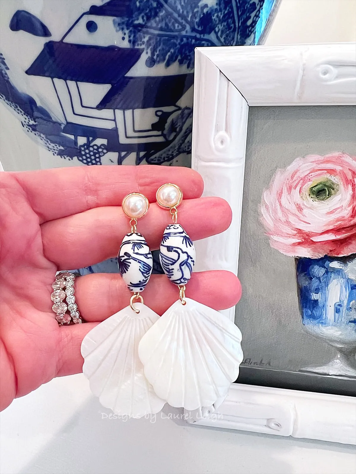 Chinoiserie Pearl Shell Drop Earrings