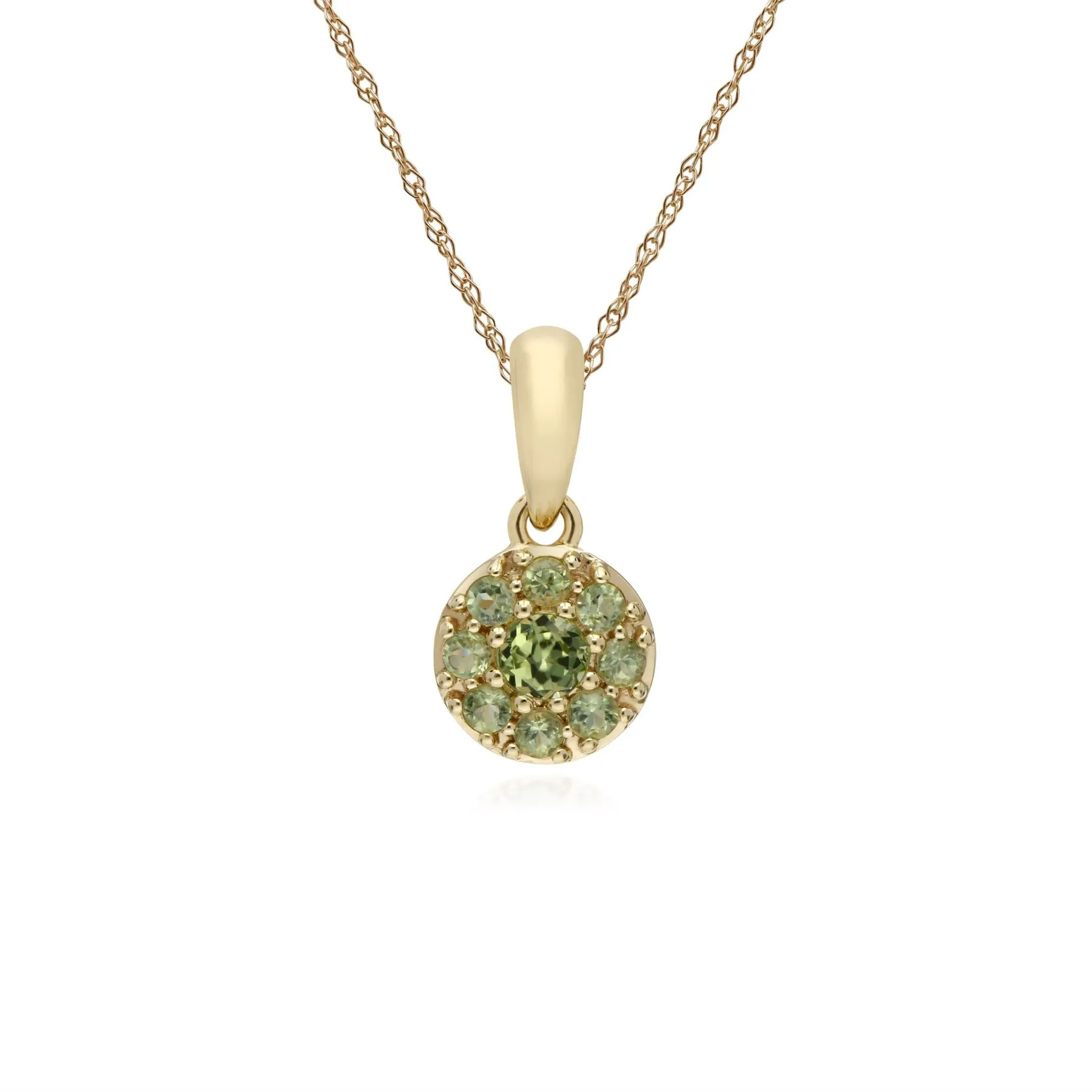 Damen 9 Karat Gelbgold Peridot Rund Haufen Anhänger auf 45cm Kette